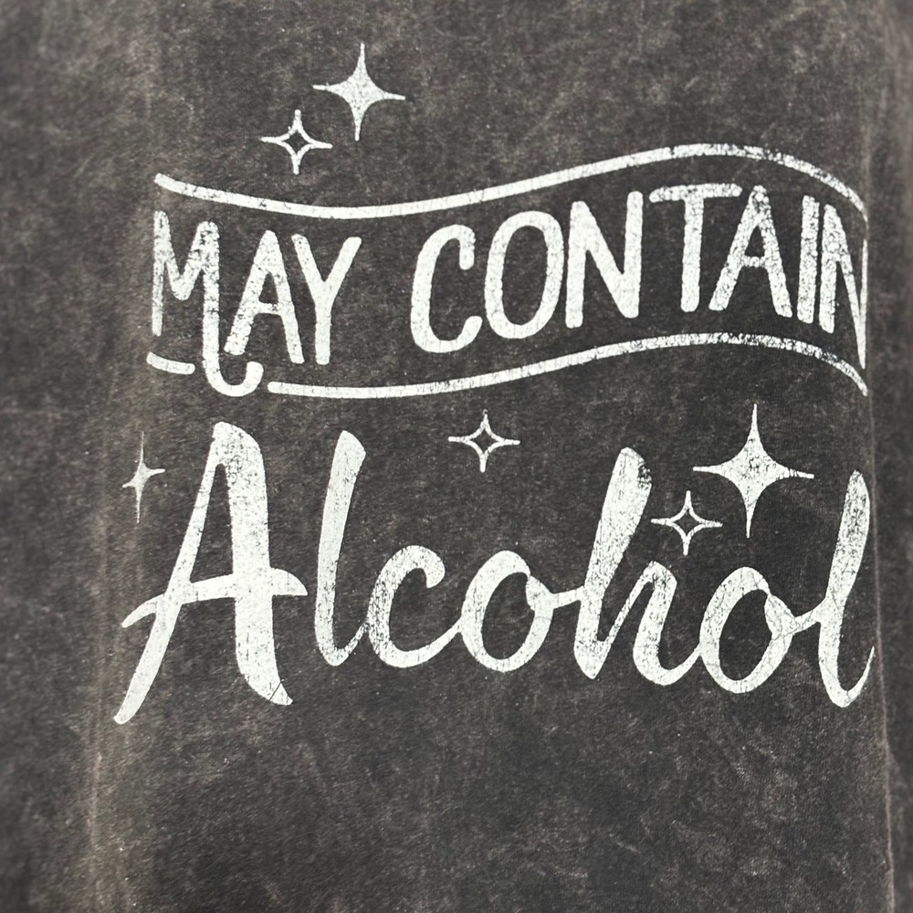 Graphic T-Shirt Women Large Black Acid Wash‎ May Contain Alcohol V-Neck NWOT